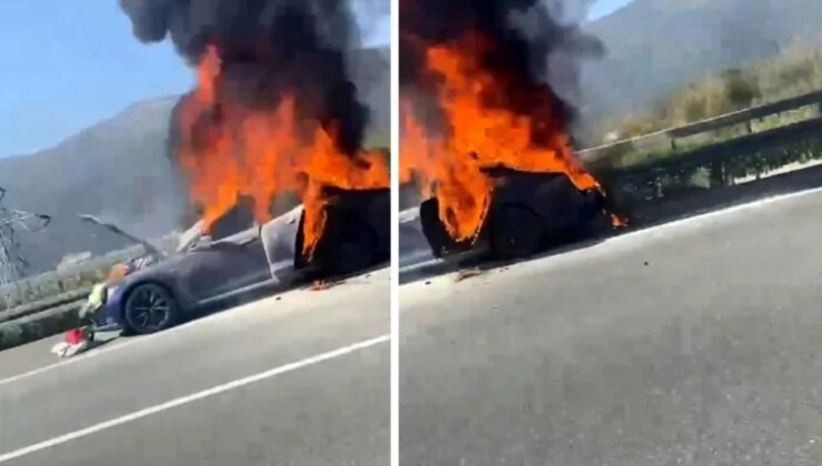 Görüntü Bursa’dan! Tesla marka elektrikli otomobil alev topuna döndü
